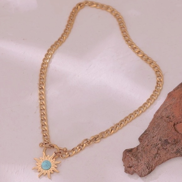 18K Gold Plated Natural Turquoise Stone Choker Necklace - Picture 1 of 12